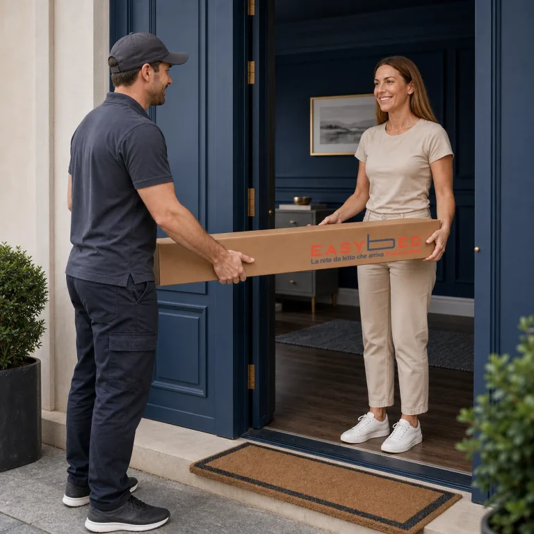 Una donna riceve alla porta la rete ortopedica Easybed