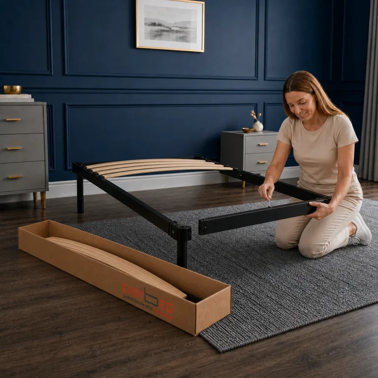 Una donna monta la rete ortopedica Easybed con un solo cacciavite
